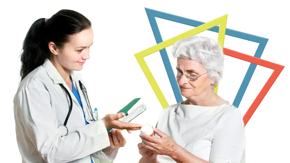 A doctor with her patient holding a pill bottle and discussing dosing and administration information together.