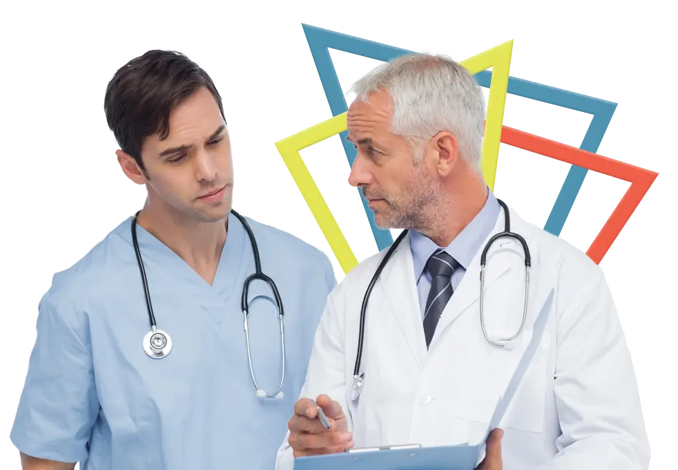 Two doctors in discussion with each other.