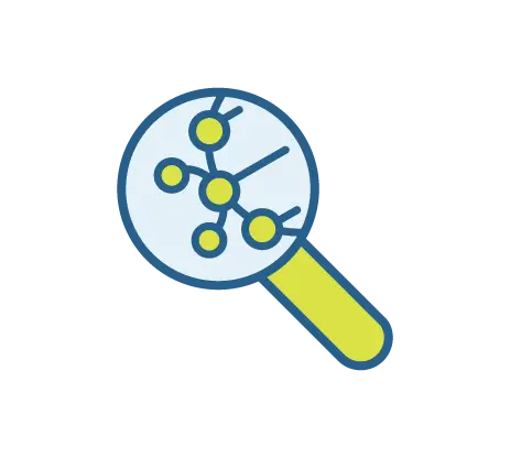 Icon of a magnifying loupe detecting FGFR2 fusions in cholangiocarcinoma via next-generation sequencing. 