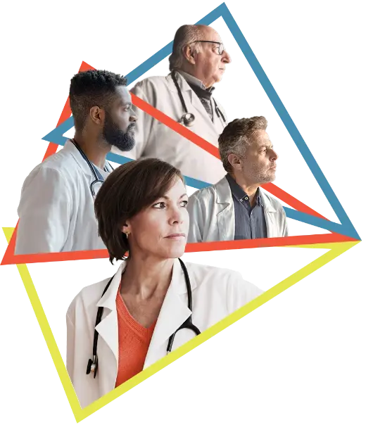 Headshots of four diverse doctors posed confidently and looking ahead