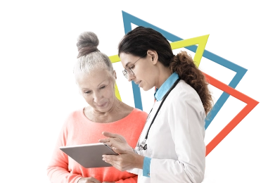 Dr. using a tablet computer to discuss the efficacy outcomes of PEMAZYRE with her patient