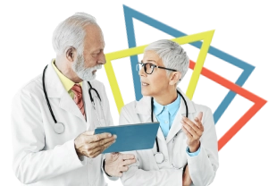 Two doctors discussing PEMAZYRE's well-established safety profile on a tablet computer