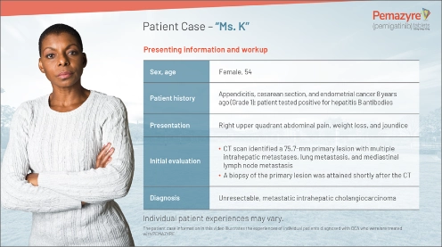 Female patient appears next to table showing his presenting information and workup